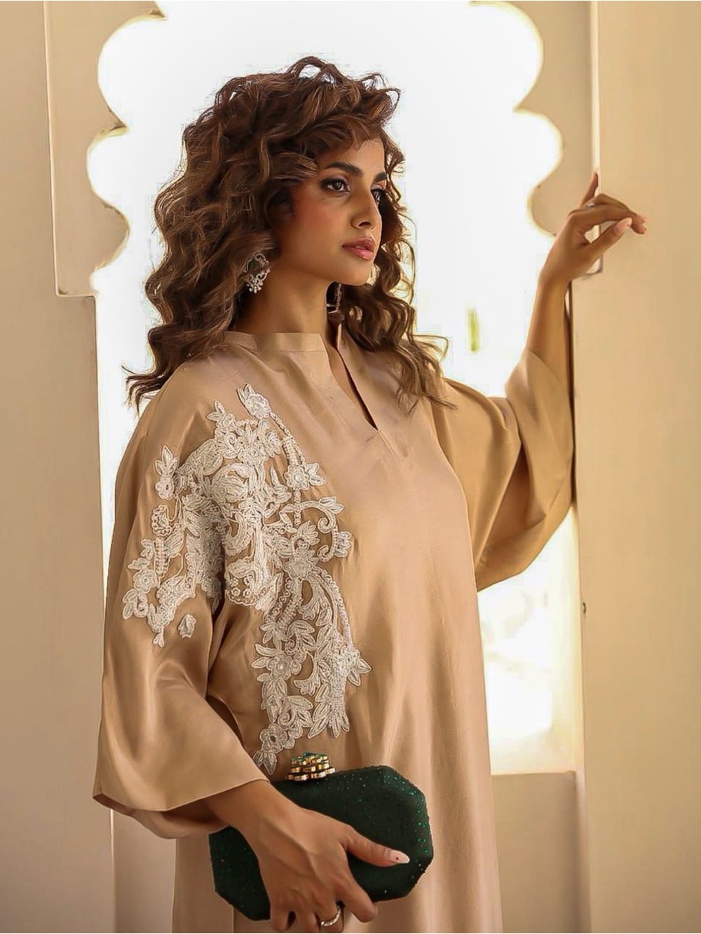 Elegant Cream Embroidered Women's Top and pants by Iqra Furqan